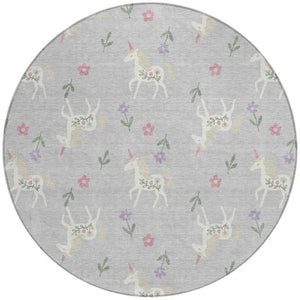 8 Foot Round Floral Polyester Area Rug Stain Resistant Indoor Outdoor Silver Ivory
