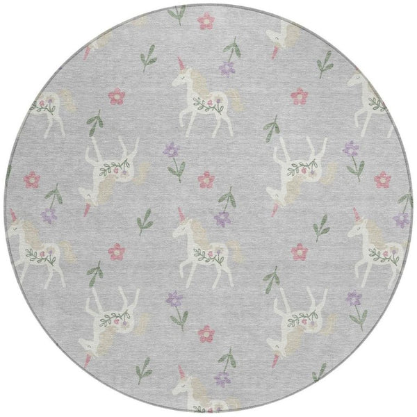 8 Foot Round Floral Polyester Area Rug Stain Resistant Indoor Outdoor Silver Ivory