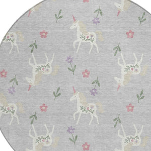 8 Foot Round Floral Polyester Area Rug Stain Resistant Indoor Outdoor Silver Ivory