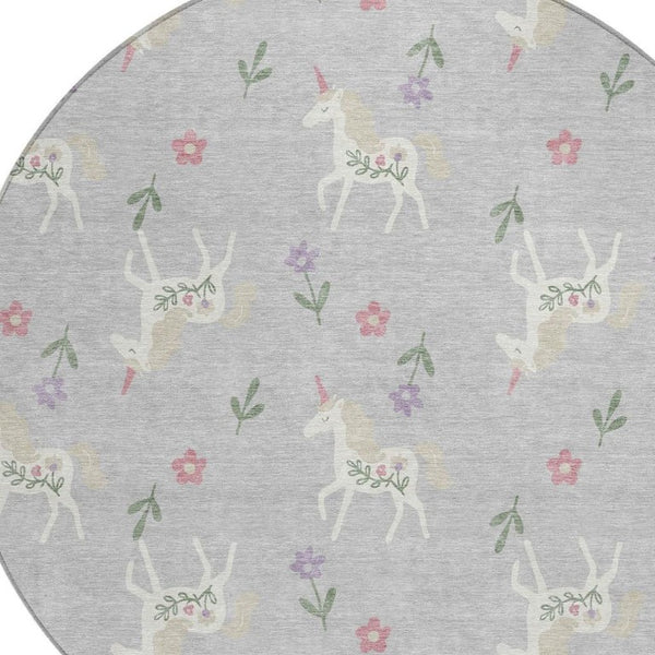 8 Foot Round Floral Polyester Area Rug Stain Resistant Indoor Outdoor Silver Ivory