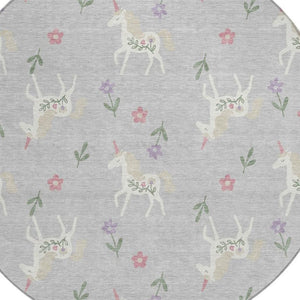 8 Foot Round Floral Polyester Area Rug Stain Resistant Indoor Outdoor Silver Ivory