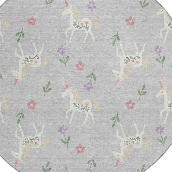 8 Foot Round Floral Polyester Area Rug Stain Resistant Indoor Outdoor Silver Ivory