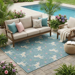 5x8 Floral Teal Beige Polyester Area Rug Washable Stain Resistant Indoor Outdoor Patio