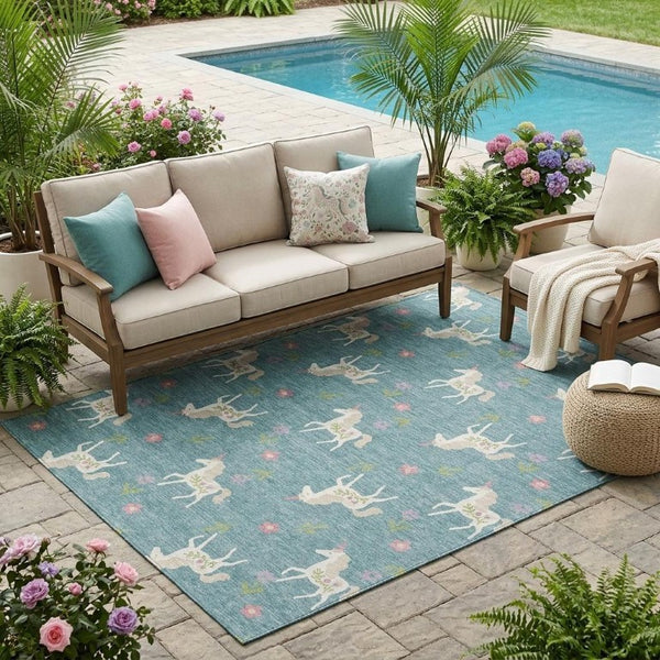 5x8 Floral Teal Beige Polyester Area Rug Washable Stain Resistant Indoor Outdoor Patio
