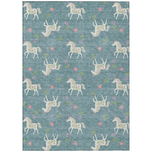 HomeRoots 5x8 Floral Teal Beige Polyester Area Rug Washable Stain Resistant Indoor Outdoor Patio 735408