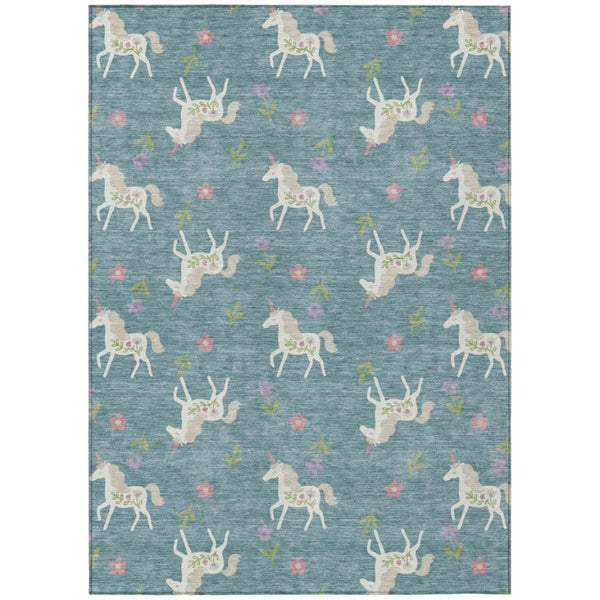 HomeRoots 5x8 Floral Teal Beige Polyester Area Rug Washable Stain Resistant Indoor Outdoor Patio 735408