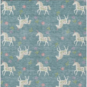 5x8 Floral Teal Beige Polyester Area Rug Washable Stain Resistant Indoor Outdoor Patio