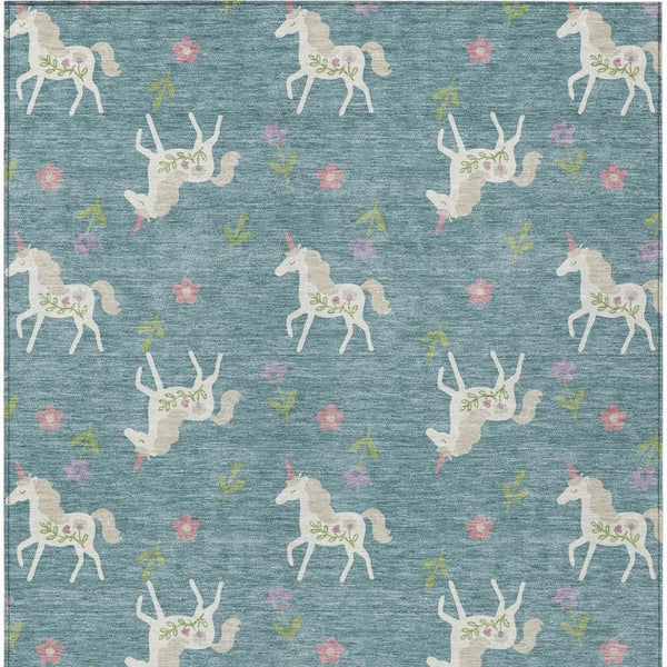 5x8 Floral Teal Beige Polyester Area Rug Washable Stain Resistant Indoor Outdoor Patio