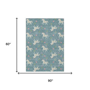 5x8 Floral Teal Beige Polyester Area Rug Washable Stain Resistant Indoor Outdoor Patio