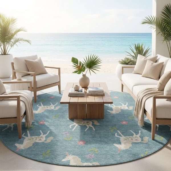 8 Ft Round Floral Polyester Area Rug Washable Teal Beige Patio Porch Indoor