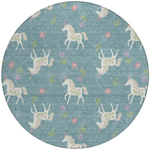 8 Ft Round Floral Polyester Area Rug Washable Teal Beige Patio Porch Indoor