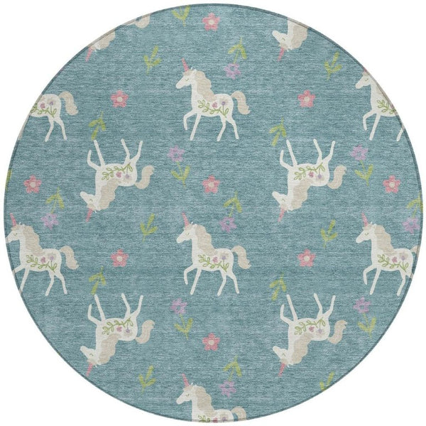8 Ft Round Floral Polyester Area Rug Washable Teal Beige Patio Porch Indoor