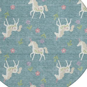 8 Ft Round Floral Polyester Area Rug Washable Teal Beige Patio Porch Indoor