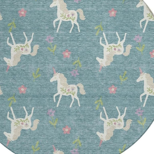 8 Ft Round Floral Polyester Area Rug Washable Teal Beige Patio Porch Indoor