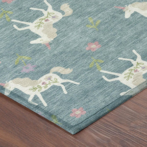 8 Ft Round Floral Polyester Area Rug Washable Teal Beige Patio Porch Indoor