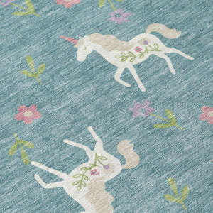 8 Ft Round Floral Polyester Area Rug Washable Teal Beige Patio Porch Indoor