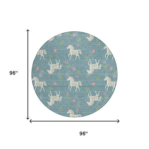 8 Ft Round Floral Polyester Area Rug Washable Teal Beige Patio Porch Indoor