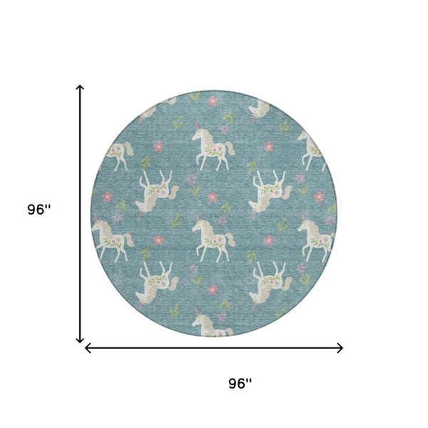 8 Ft Round Floral Polyester Area Rug Washable Teal Beige Patio Porch Indoor