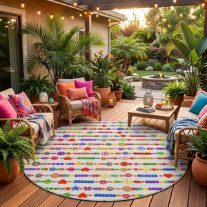 8 Ft Round Geometric Polyester Rug Ivory Olive Washable Stain Resistant Indoor Outdoor