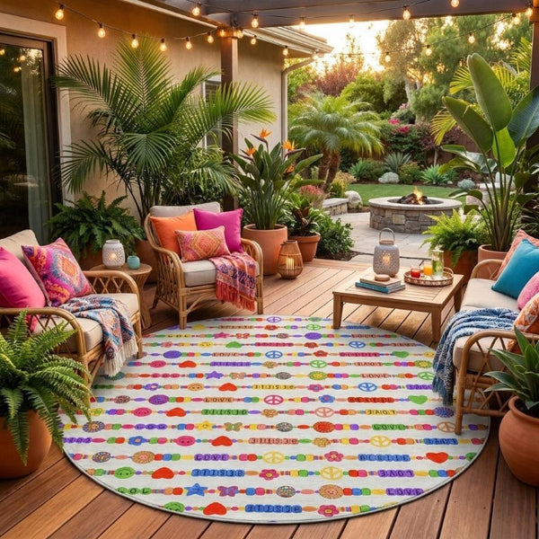 8 Ft Round Geometric Polyester Rug Ivory Olive Washable Stain Resistant Indoor Outdoor