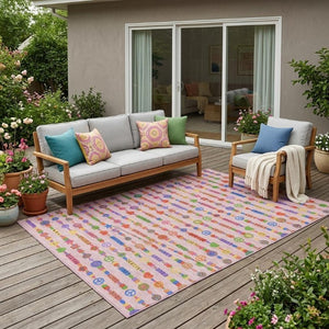 5x8 Washable Polyester Geometric Rug for Patio Porch or Living Room in Pink and Green