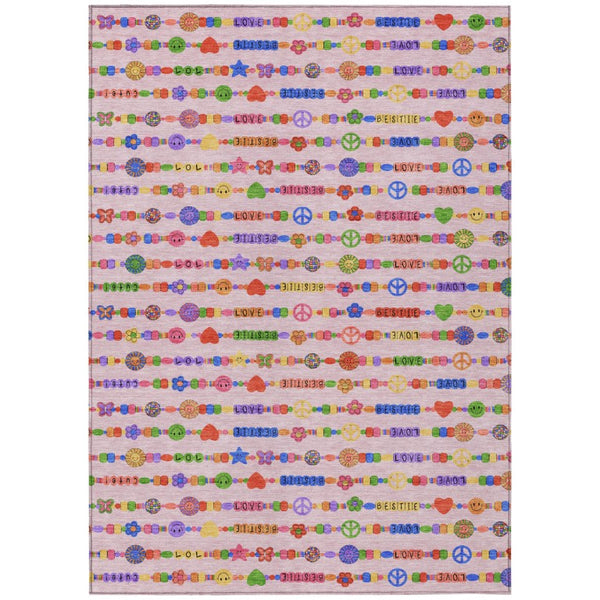 HomeRoots 5x8 Washable Polyester Geometric Rug for Patio Porch or Living Room in Pink and Green 735420