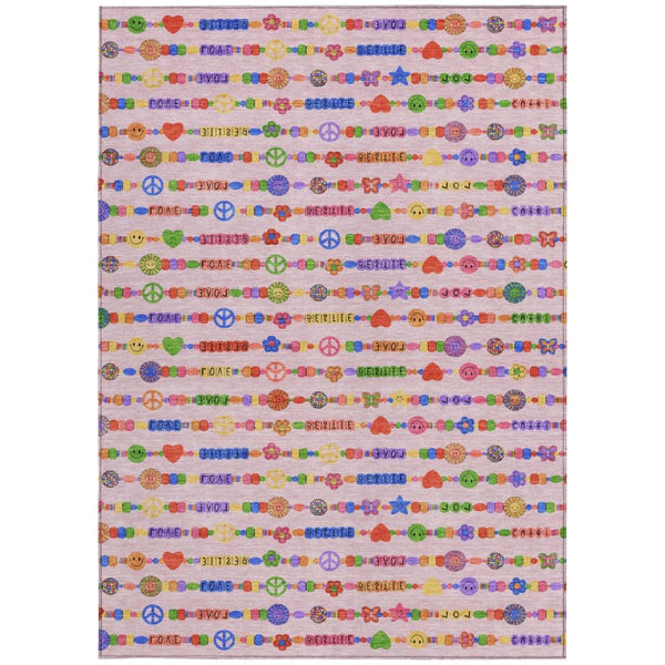 5x8 Washable Polyester Geometric Rug for Patio Porch or Living Room in Pink and Green