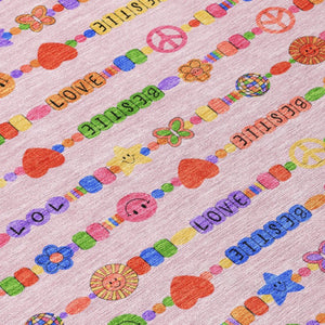 5x8 Washable Polyester Geometric Rug for Patio Porch or Living Room in Pink and Green