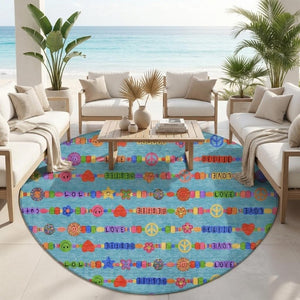 8 Ft Round Geometric Polyester Area Rug Teal Beige Washable for Patio or Indoors