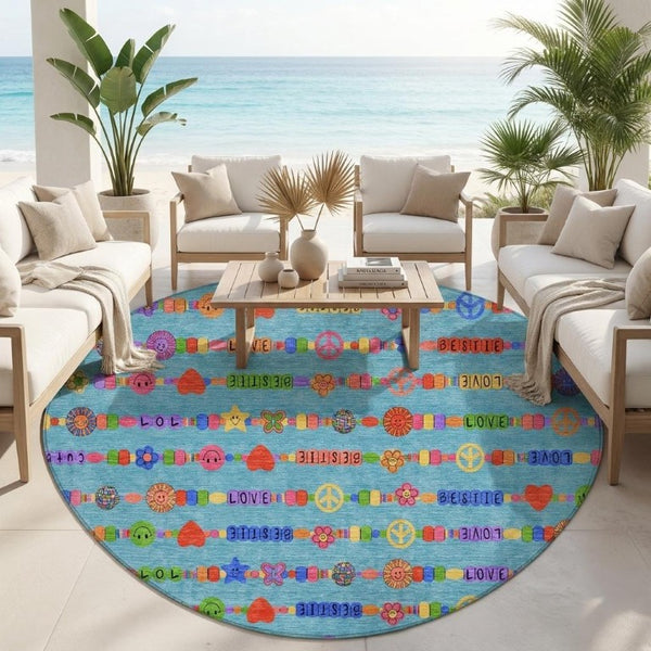 8 Ft Round Geometric Polyester Area Rug Teal Beige Washable for Patio or Indoors