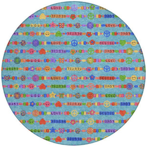 8 Ft Round Geometric Polyester Area Rug Teal Beige Washable for Patio or Indoors