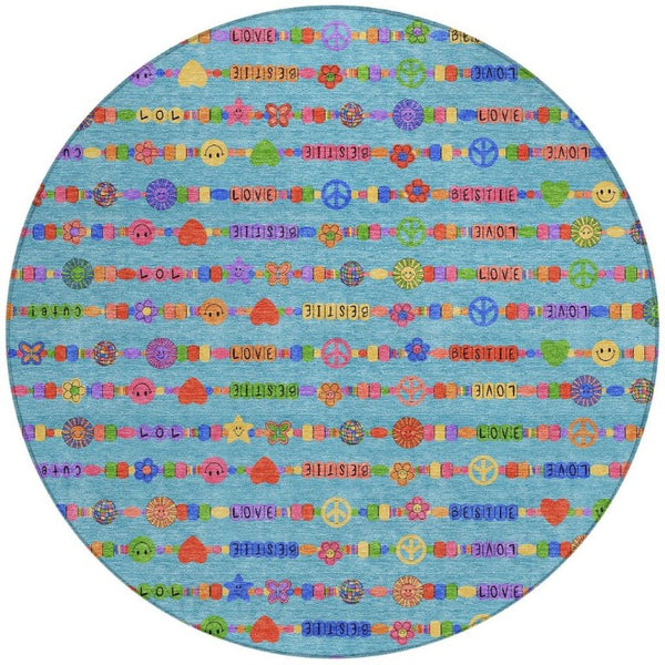 8 Ft Round Geometric Polyester Area Rug Teal Beige Washable for Patio or Indoors