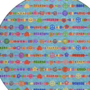 8 Ft Round Geometric Polyester Area Rug Teal Beige Washable for Patio or Indoors