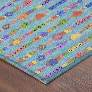 8x10 Teal Beige Geometric Polyester Area Rug Stain Resistant for Patio or Living Room