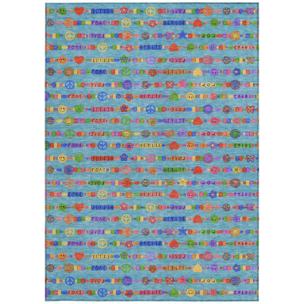 10 Ft X 14 Ft Teal Beige Geometric Polyester Washable Rug for Patio or Living Room