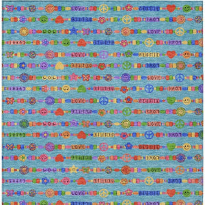 10 Ft X 14 Ft Teal Beige Geometric Polyester Washable Rug for Patio or Living Room