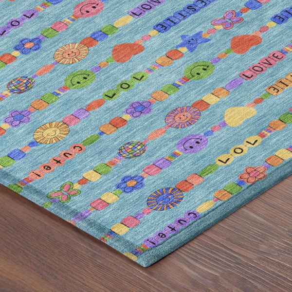 10 Ft X 14 Ft Teal Beige Geometric Polyester Washable Rug for Patio or Living Room