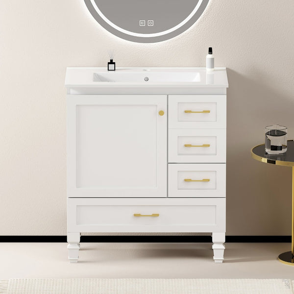 English Elm 30"black Matte Finish Bathroom Vanity with Soft Close Cabinet and Three Storage Drawers White W3133S00017