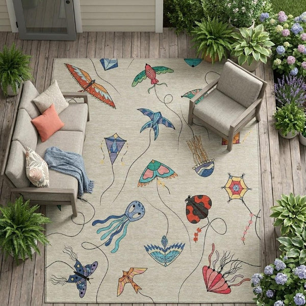 10 Ft X 14 Ft Beige Orange Geometric Polyester Washable Rug for Patio Living Room