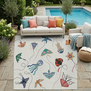 5 X 8 Geometric Ivory Gray Polyester Area Rug Washable for Patio or Living Room