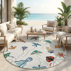 8 Foot Round Geometric Polyester Area Rug Washable Indoor Outdoor Ivory Gray