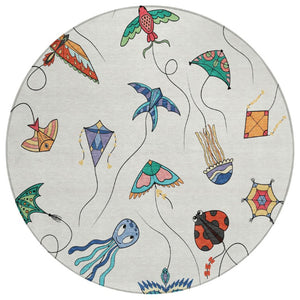 HomeRoots 8 Foot Round Geometric Polyester Area Rug Washable Indoor Outdoor Ivory Gray 735457