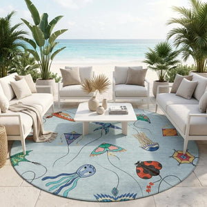 8 Ft Round Geometric Polyester Rug Sky Blue Gold Washable for Patio or Family Room