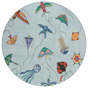 HomeRoots 8 Ft Round Geometric Polyester Rug Sky Blue Gold Washable for Patio or Family Room 735463