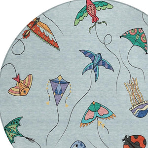 8 Ft Round Geometric Polyester Rug Sky Blue Gold Washable for Patio or Family Room