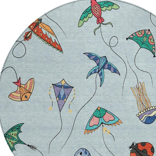 8 Ft Round Geometric Polyester Rug Sky Blue Gold Washable for Patio or Family Room