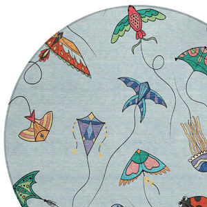 8 Ft Round Geometric Polyester Rug Sky Blue Gold Washable for Patio or Family Room