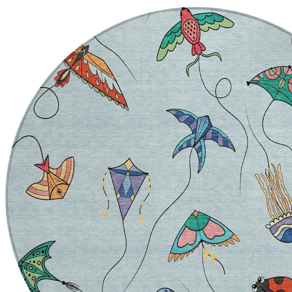 8 Ft Round Geometric Polyester Rug Sky Blue Gold Washable for Patio or Family Room