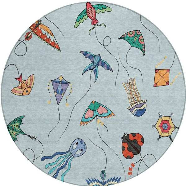 8 Ft Round Geometric Polyester Rug Sky Blue Gold Washable for Patio or Family Room