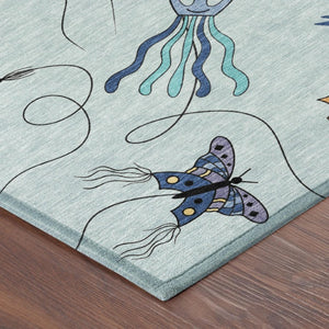 8 Ft Round Geometric Polyester Rug Sky Blue Gold Washable for Patio or Family Room